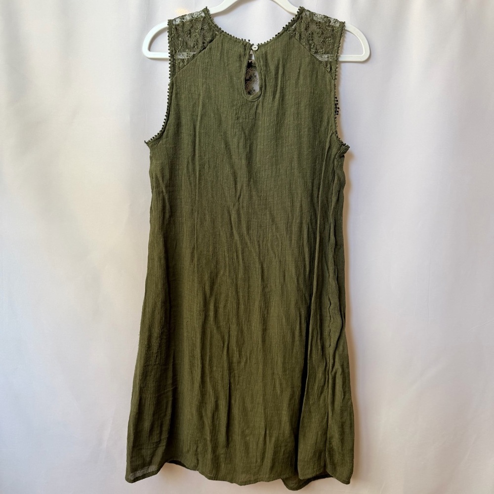 Sleeveless Olive Lace Yoke Mini Dress, Medium - Picture 6 of 8
